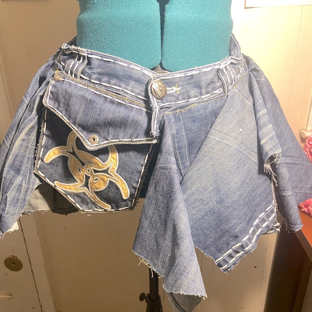 Jeans made into a mini skirt, distressed